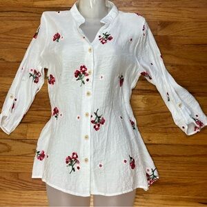 Sapphire All over Floral Embroidered Button-Up White Blouse